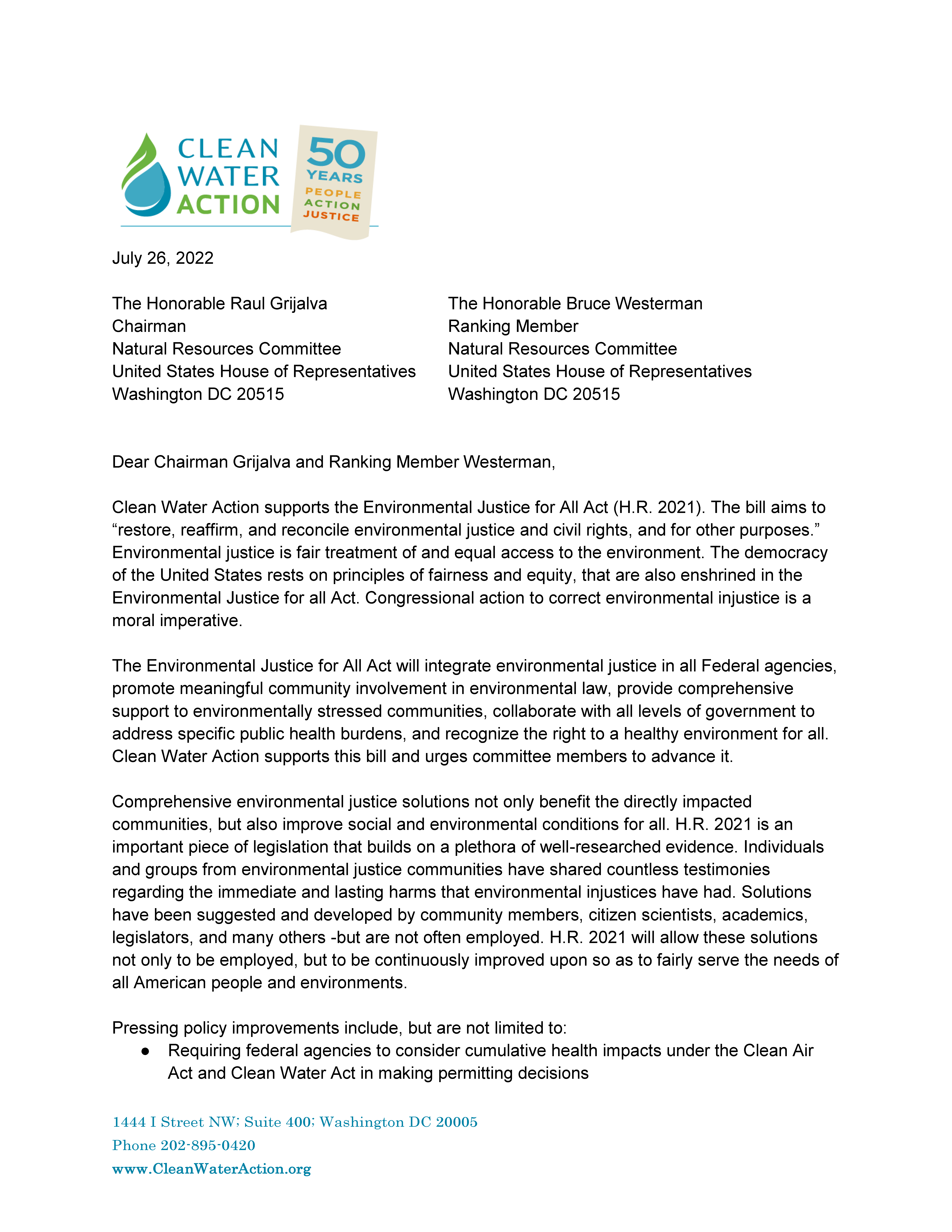 Clean Water Action Environmental Justice For All Support Letter | Page 1