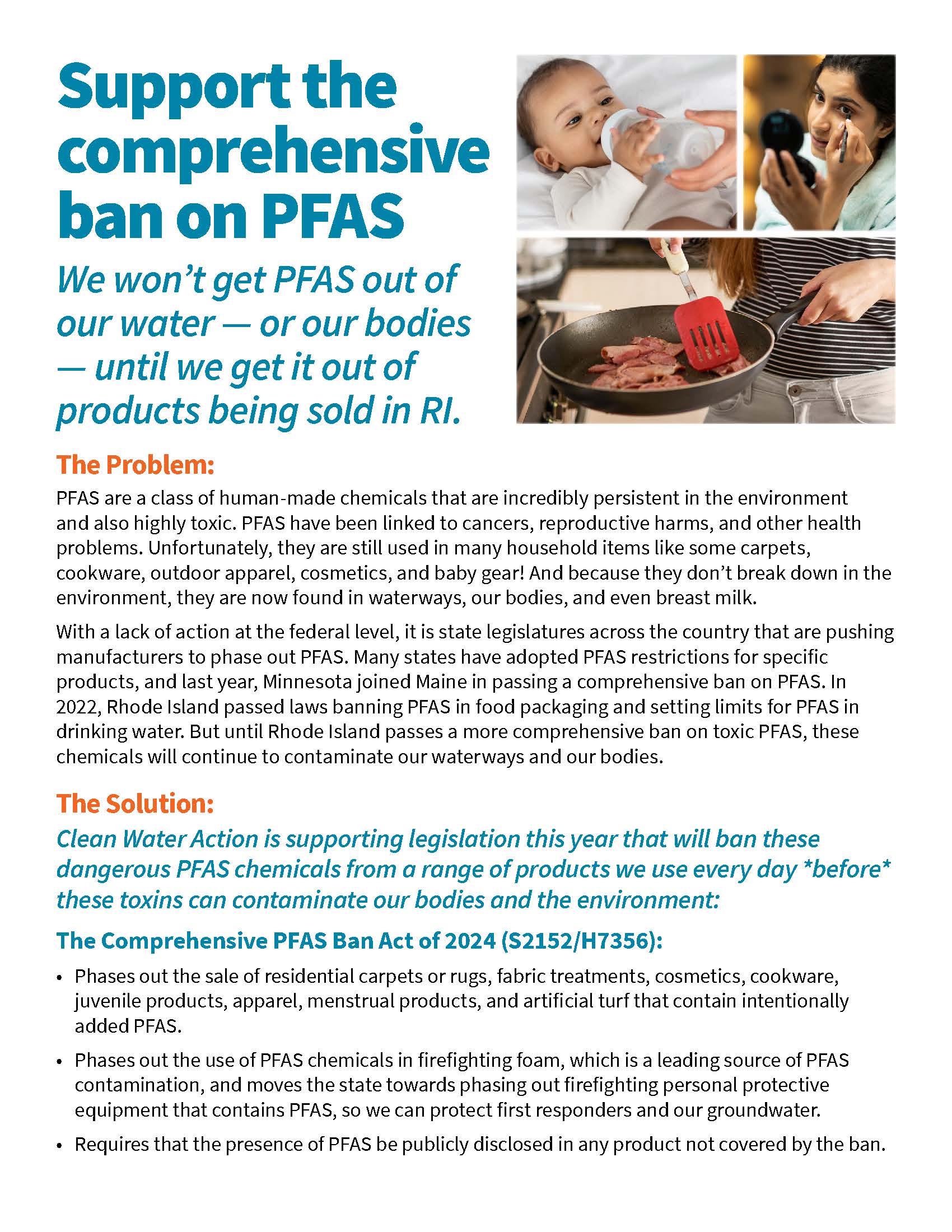 Image of Clean Water Action's PFAS Fact Sheet on Rhode Islands Comprehensive Ban of PFAS legislation in 2024