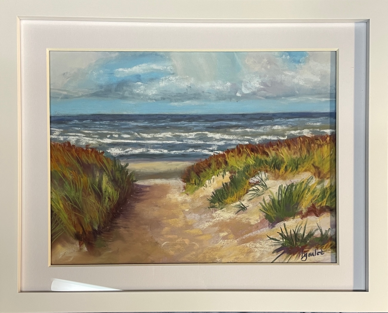 Dune pastel painting of sand, grass, and seashore by Beth Goulet