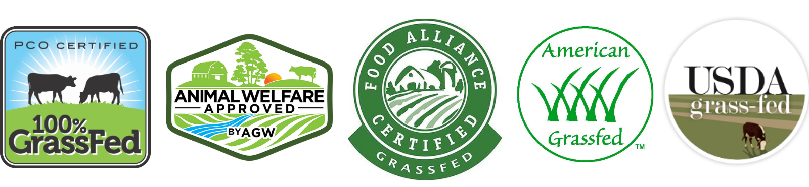 Labels: PCO Certified 100% Grassfed, Animal Welfare Approved by AGW, Food Alliance Certified Grassfed, American Grassfed, USDA Grassfed