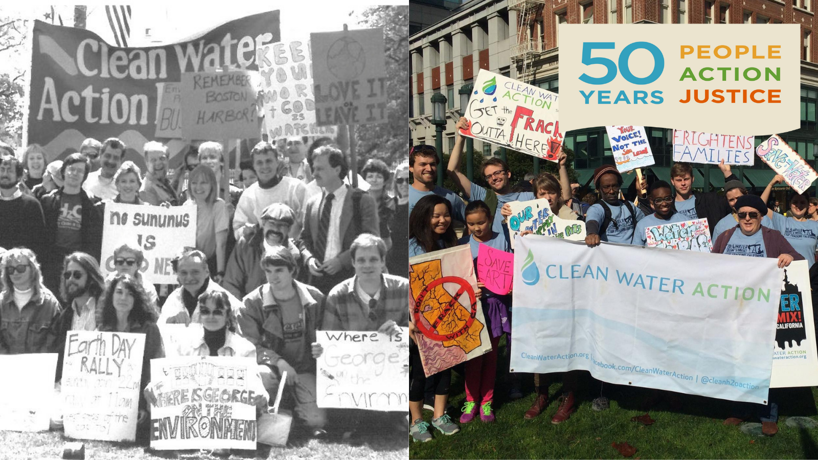 Image: A Clean Water Action Rally in the 80s side by side with a Clean Water Action Rally in the 2010s