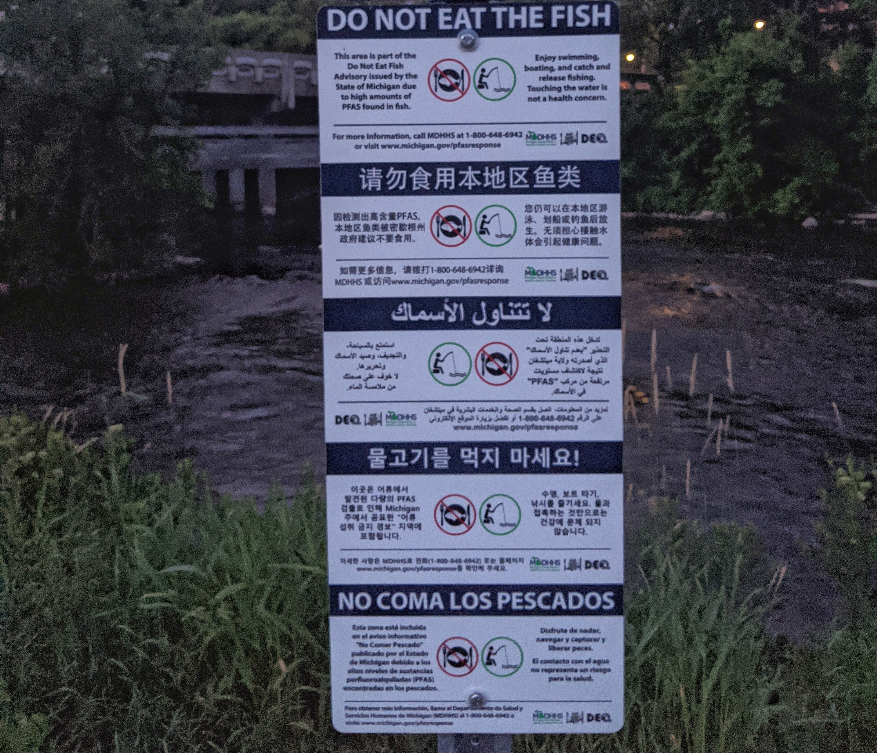 Warnings "Do Not Eat The Fish" due to PFAS in multiple languages