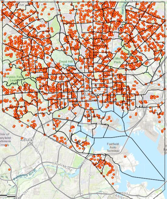 Map of locations of building sewage backups reported to Baltimore City DPW in Fiscal Year 2018