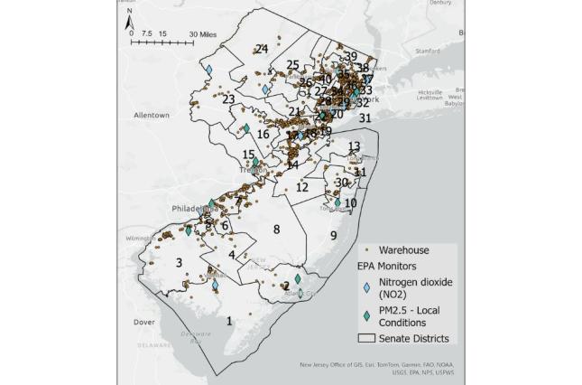 Warehouse mapping by legislative district in NJ created in collaboration with EDF-Environmental Defense League