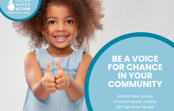 Graphic with a little girl giving the thumbs up with text that says Join NJDEP's EJ Seminars